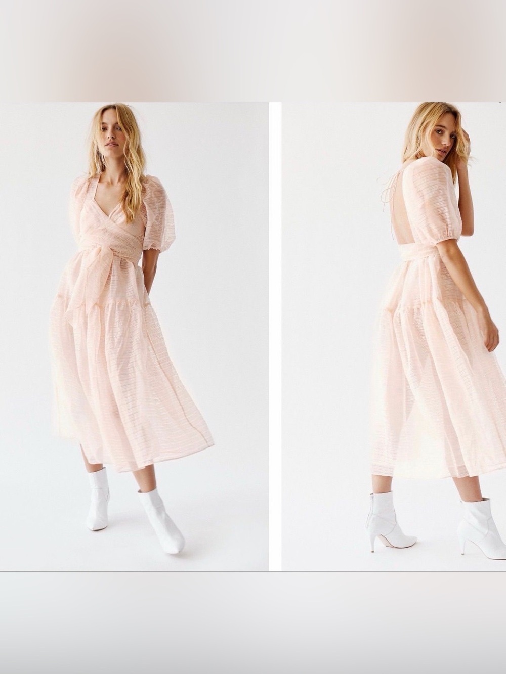 Free People Blush Pink Puff Sleeve Midi Dress Cottagecore Fairycore Boho S